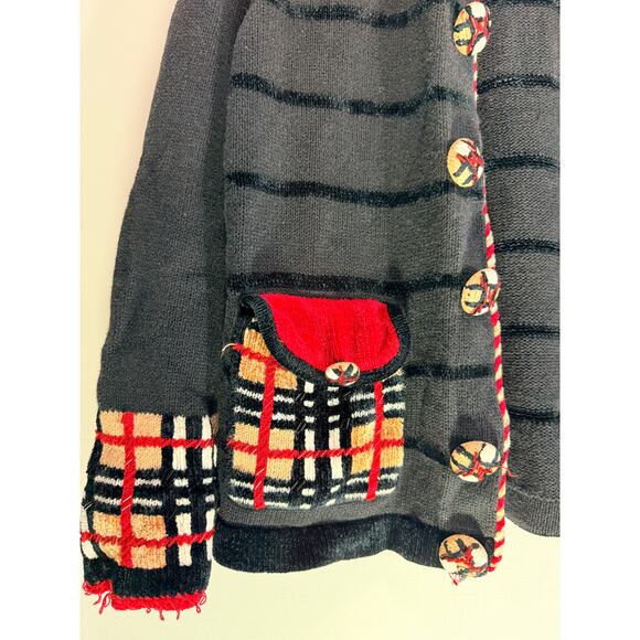 Jack B. Quick Plaid Trim Knit Cardigan Jacket Button Front Black Red Size S - Picture 6 of 6